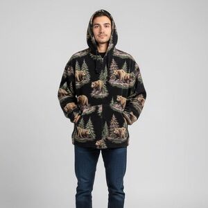 Vtg Authentic Wildlife Bear Print Fleece Zip Hoodie XXL P2P 27-29" Grizzly 90s